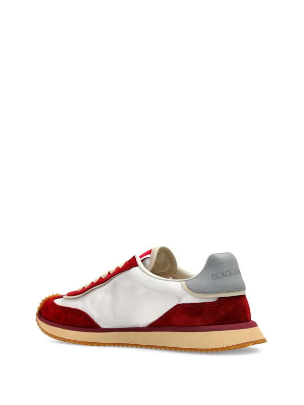 Red and white mixed-material sneakers