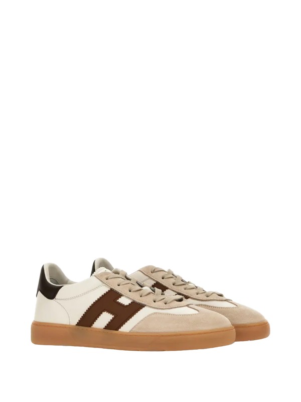 Sneakers in pelle liscia avorio beige e marrone