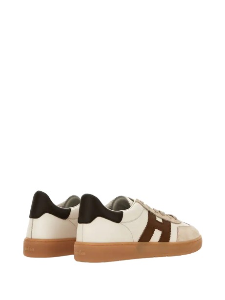 Sneakers in pelle liscia avorio beige e marrone