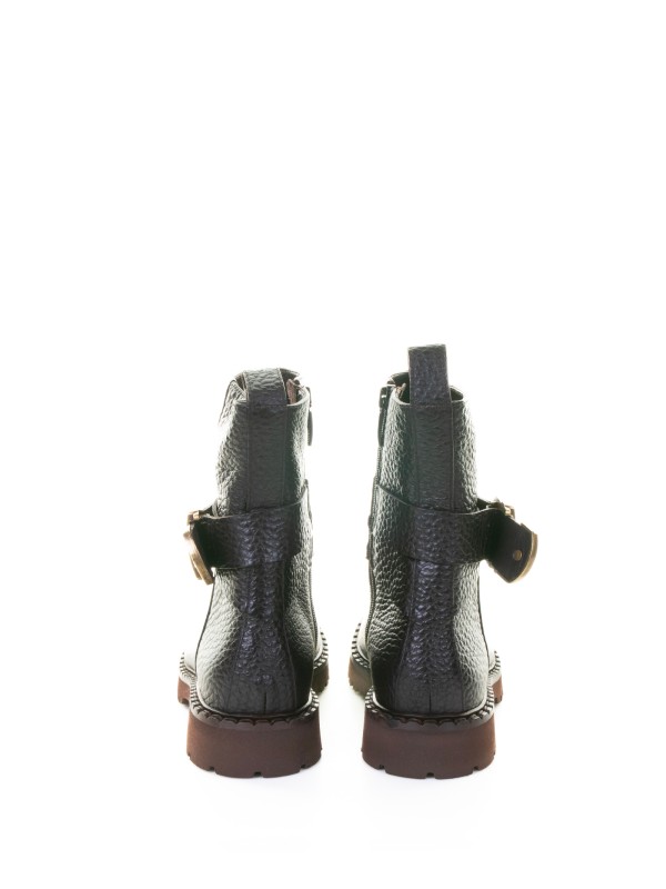 dark brown leather ankle boot with zip and buckle