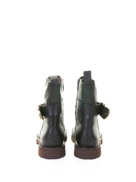 dark brown leather ankle boot with zip and buckle