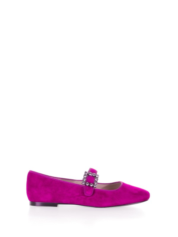 Suede ballerina with strap and rhinestones