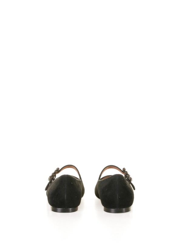 Suede ballerina with strap and rhinestones