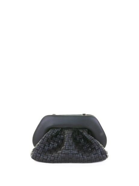 Pochette Tia nera motivo intrecciato in paglia con tracolla