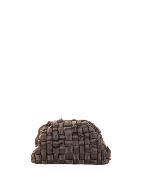 Satin Game clutch bag in brown woven ribbon fabric