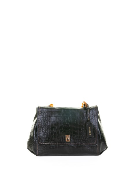 Borsa a spalla nero in pelle stampato coccodrillo