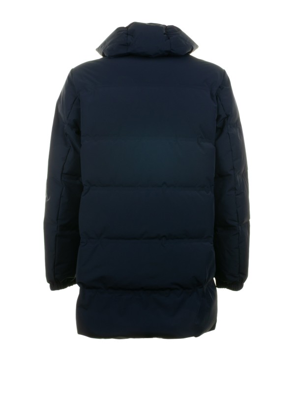 Piumino lungo navy trapuntato con cappuccio