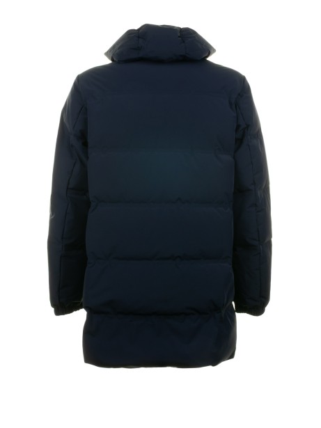 Piumino lungo navy trapuntato con cappuccio
