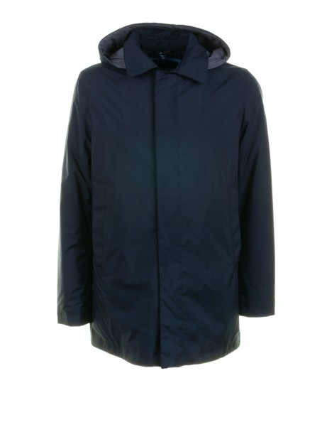 Trench blu navy lungo con zip e cappuccio Trench blu navy lungo con zip e cappuccio