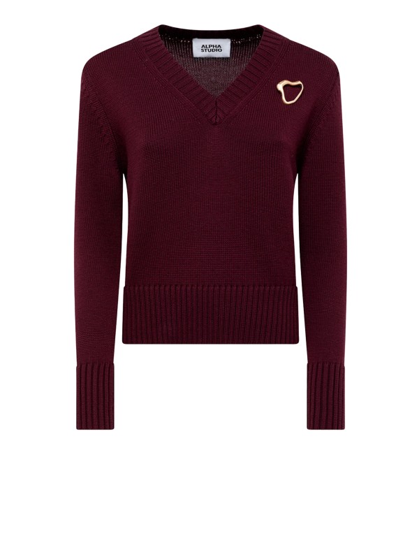 Maglia scollo a V in lana merino ciliegia