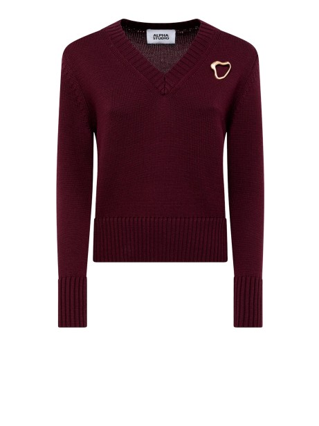 Maglia scollo a V in lana merino ciliegia