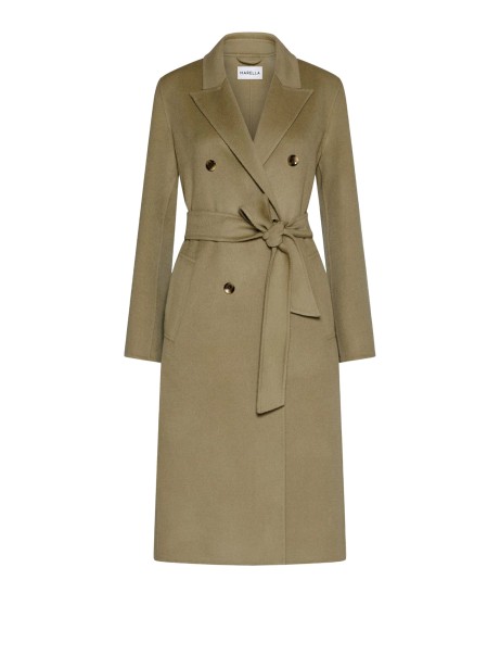 Cappotto doppiopetto salvia con cintura in pura lana
