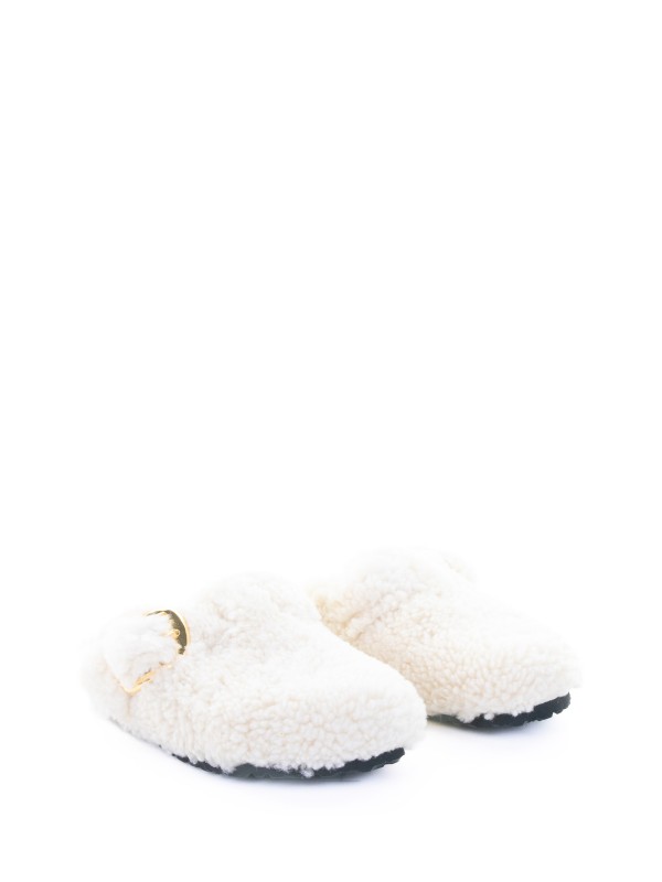 Boston Big Buckle mule in white teddy