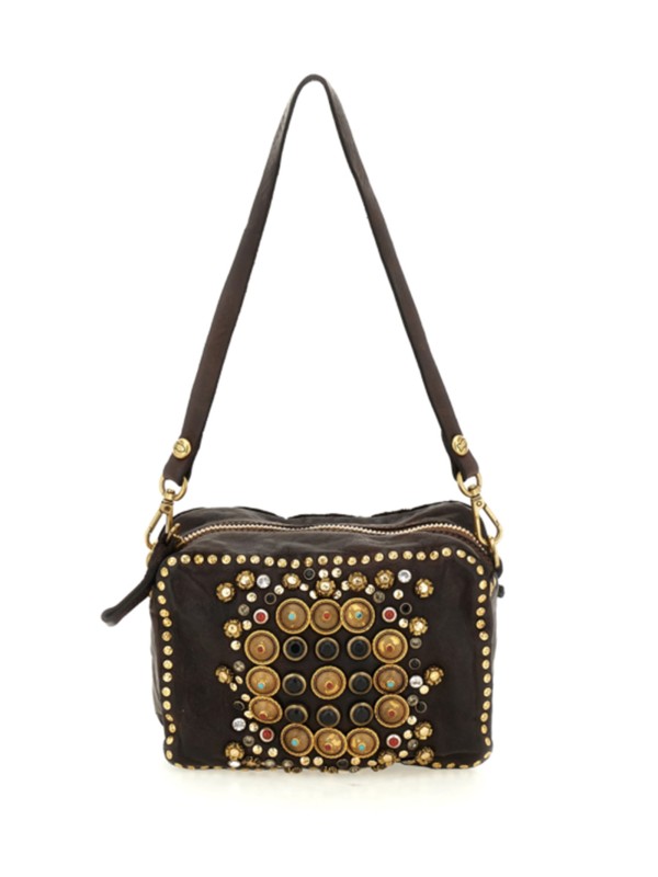 Borsa bauletto in pelle di vacchetta tinta in capo color marrone moro con strass