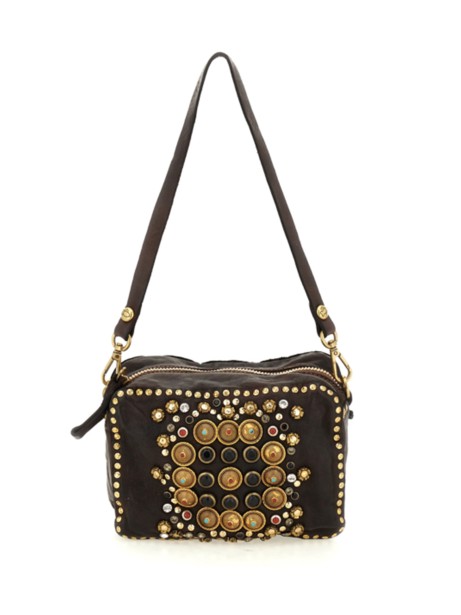 Borsa bauletto in pelle di vacchetta tinta in capo color marrone moro con strass