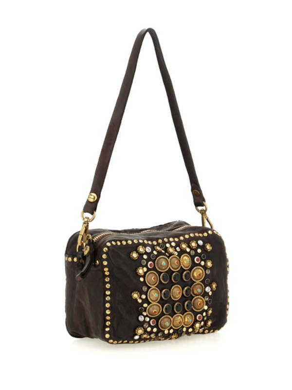 Borsa bauletto in pelle di vacchetta tinta in capo color marrone moro con strass