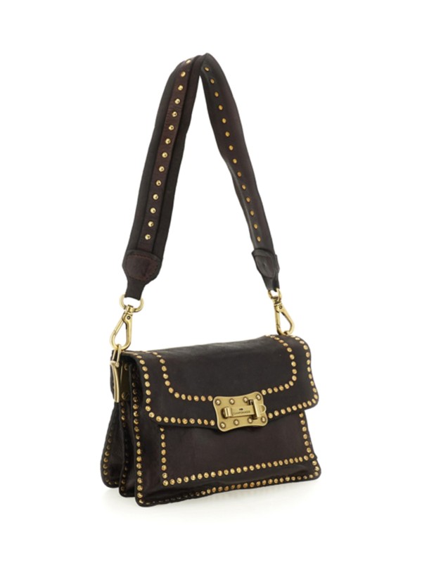 Borsa a tracolla in pelle di vacchetta tinta in capo nera con rivetti