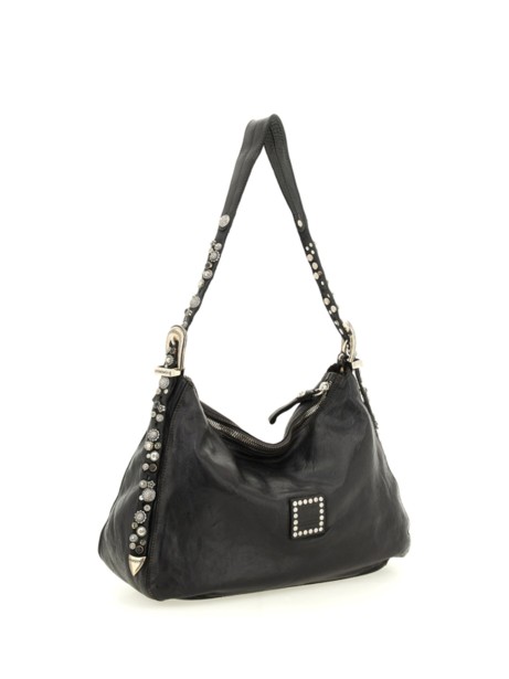 Borsa a spalla Giuliana in pelle di vacchetta tinta in capo con borchie e strass