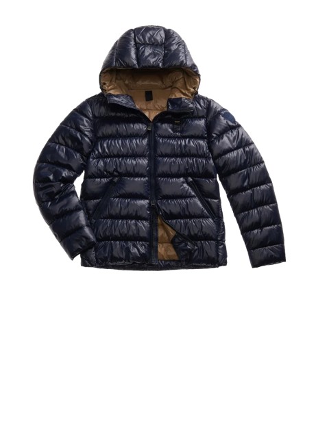 Piumino uomo blu trapuntato con cappuccio Piumino uomo blu trapuntato con cappuccio