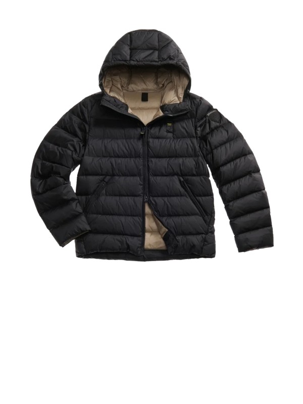 Piumino uomo nero trapuntato con cappuccio Piumino uomo nero trapuntato con cappuccio