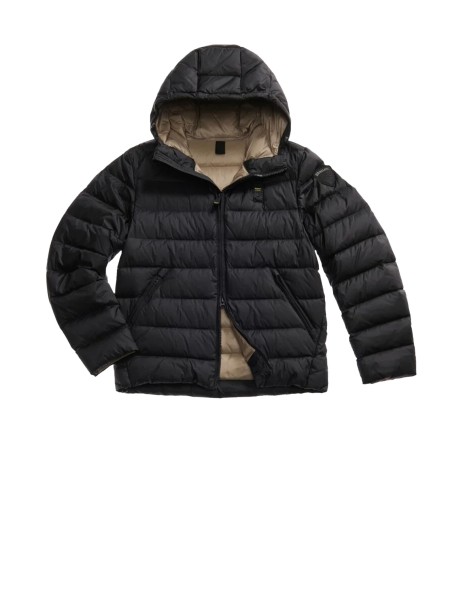 Piumino uomo nero trapuntato con cappuccio Piumino uomo nero trapuntato con cappuccio