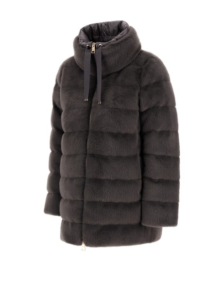 Piumino donna grigio in eco pelliccia con cappuccio 2