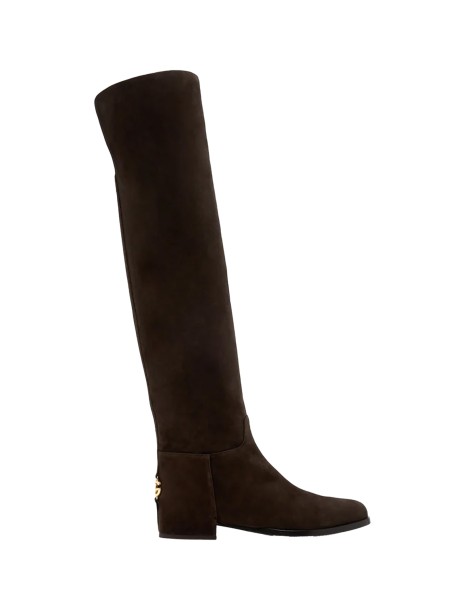 Ebony suede knee-high boot with contrasting logo plaque