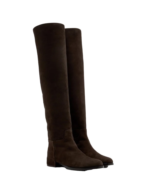 Ebony suede knee-high boot with contrasting logo plaque