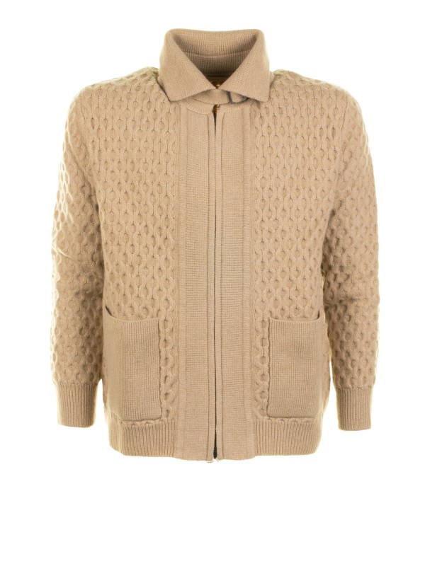 Giubbino nocciola in maglia con zip e colletto