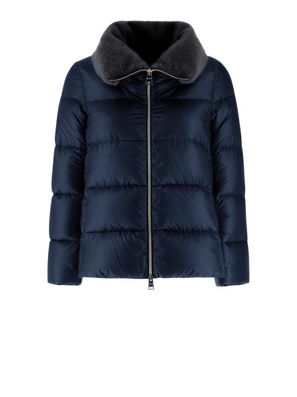 Giubbino donna trapuntato blu con colletto in pelliccia Giubbino donna trapuntato blu con colletto in pelliccia