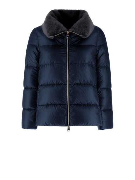 Giubbino donna trapuntato blu con colletto in pelliccia Giubbino donna trapuntato blu con colletto in pelliccia