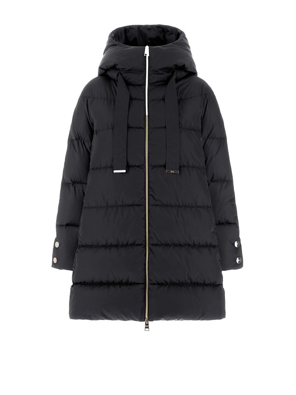 Piumino nero donna trapuntato con zip e cappuccio Piumino nero donna trapuntato con zip e cappuccio