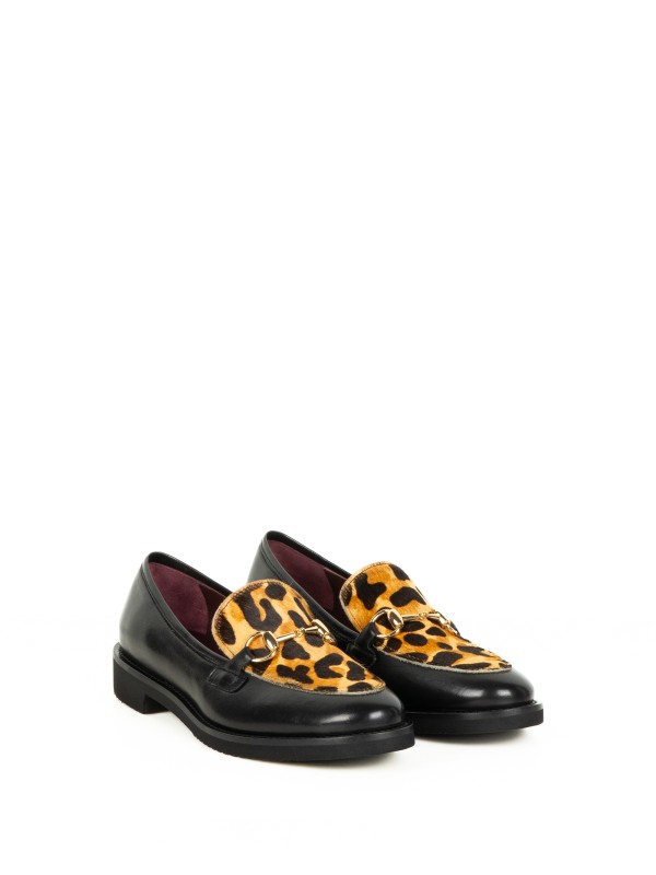 Black Leather Loafers with Spotted Insert