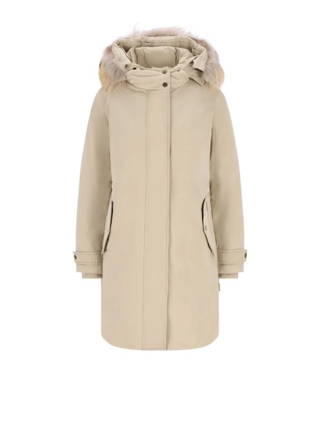 Parka lungo donna beige con cappuccio