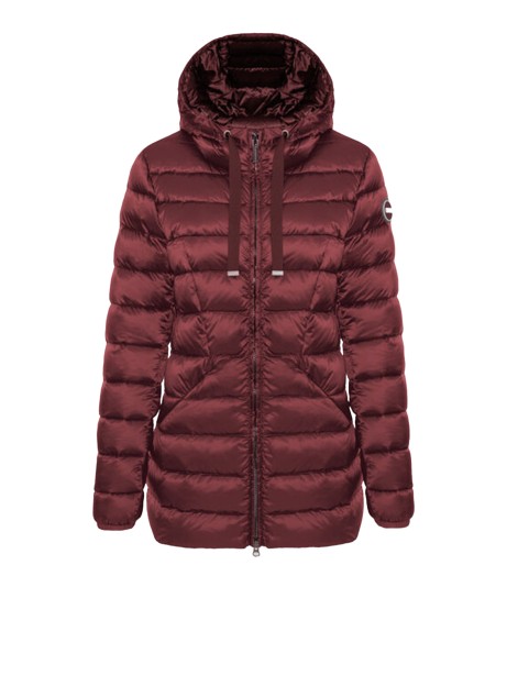 Piumino trapuntato bordeaux donna con zip e cappuccio