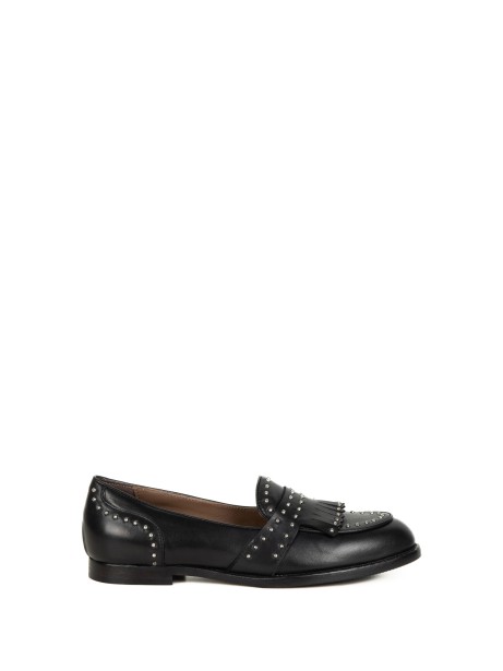 Black Leather Moccasin with Fringes