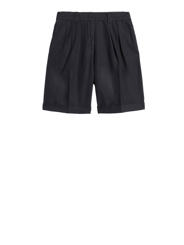 Bermuda Donna in Gabardine di Cotone e Lino con Pieghe Frontali