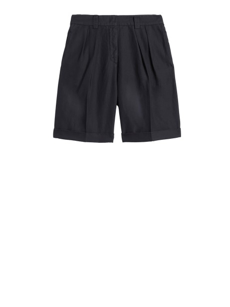 Bermuda Donna in Gabardine di Cotone e Lino con Pieghe Frontali