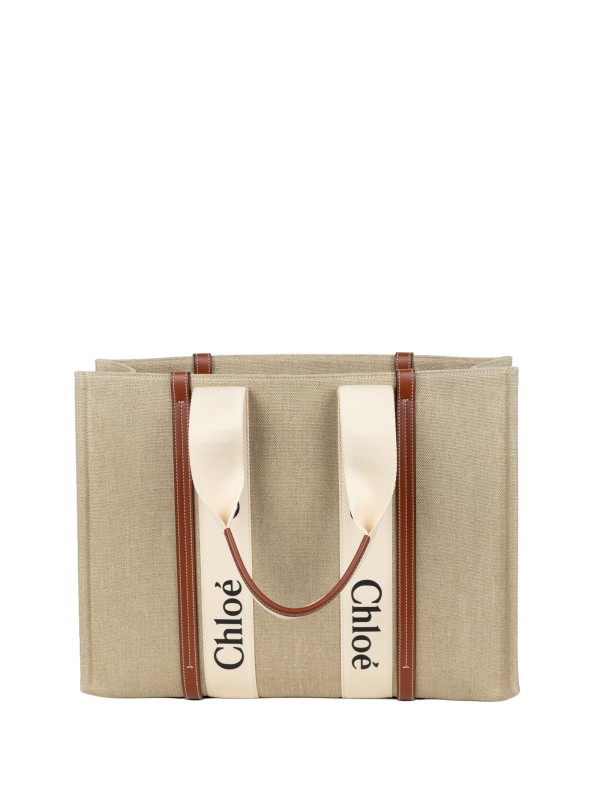 Chloé Large Woody Tote Bag in Linen Canvas and Calfskin