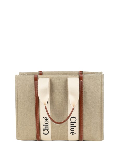 Chloé Large Woody Tote Bag in Linen Canvas and Calfskin
