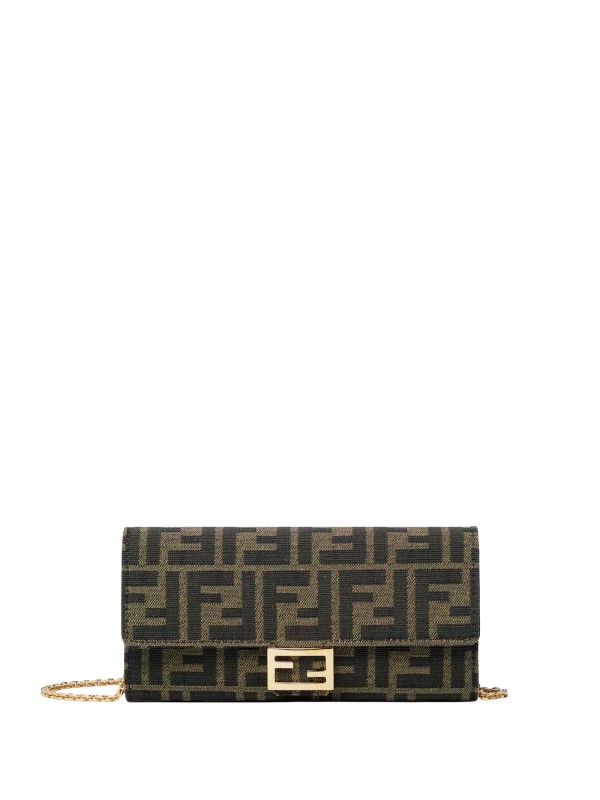 Fendi Baguette Continental Wallet with Chain in Brown Fabric