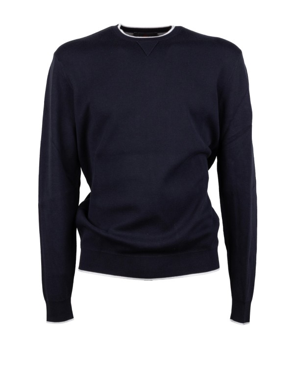 Peuterey Men's Graphite Blue Crew Neck Sweater with White Contrast Trim