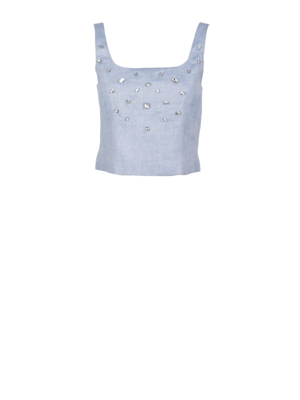 Emme Marella Women's Blue Jersey Top with Crystal Details