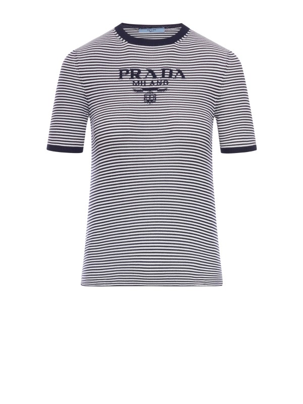 Pullover in seta a righe con logo blu di Prada