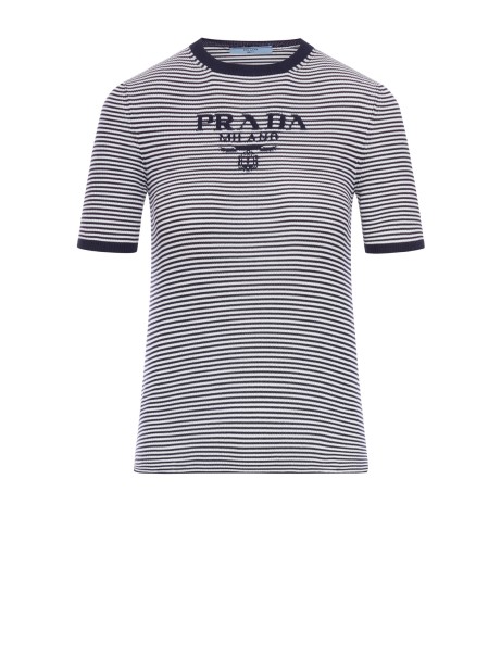 Pullover in seta a righe con logo blu di Prada