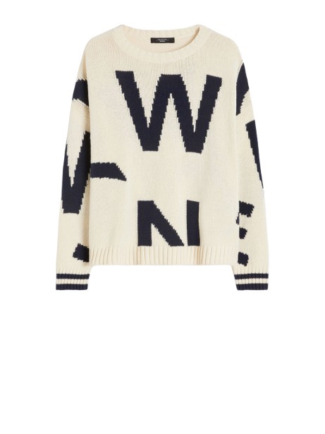 Blue Cotton Crew-Neck Sweater with Intarsia Pattern