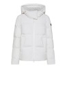White quilted women's down jacket with hood