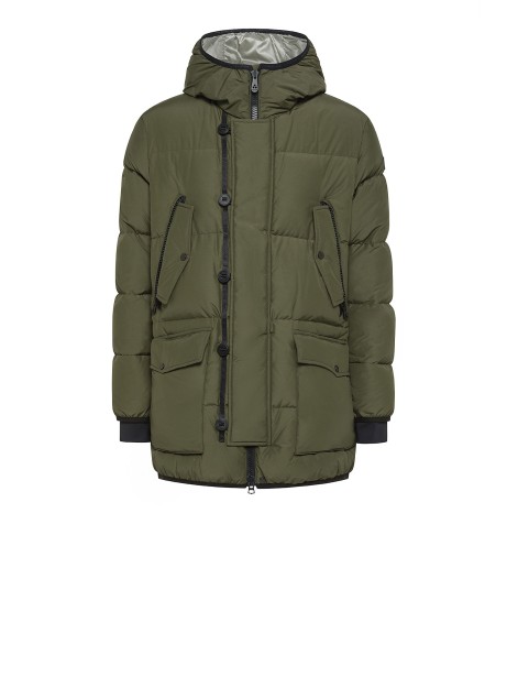 Long green down jacket with 4 pockets and hood