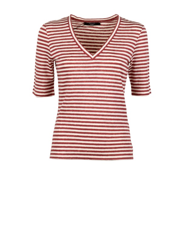 T-shirt in jersey di lino elasticizzato con scollo a V - Ciliegia
