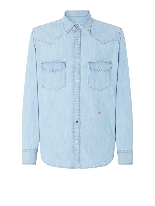 Camicia in Denim Leggero Blu Chiaro con Lavaggio Bleach